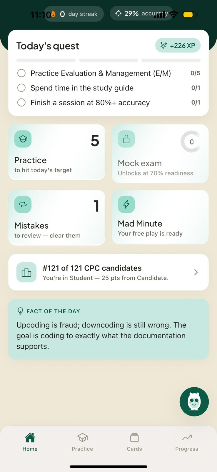 Today's quest, practice and Mad Minute quick-actions